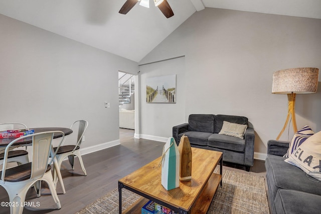 living room with high vaulted ceiling, baseboards, ceiling fan, and wood finished floors