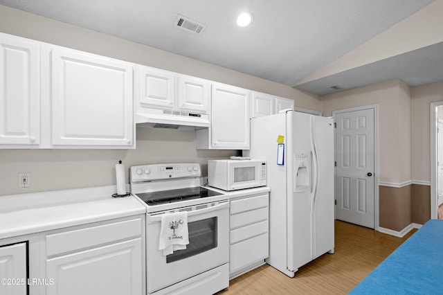 4 Moultrie Ct, Beaufort, SC 29907 - kitchen featuring white appliances, under cabinet range hood, light wood-style flooring, white cabinetry, and recessed lighting