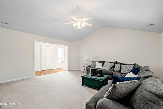 4 Moultrie Ct, Beaufort, SC 29907 - living room with ceiling fan, light colored carpet, baseboards, and vaulted ceiling