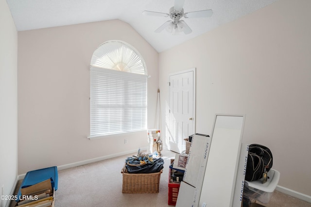 4 Moultrie Ct, Beaufort, SC 29907 - misc room with vaulted ceiling, a ceiling fan, baseboards, and carpet