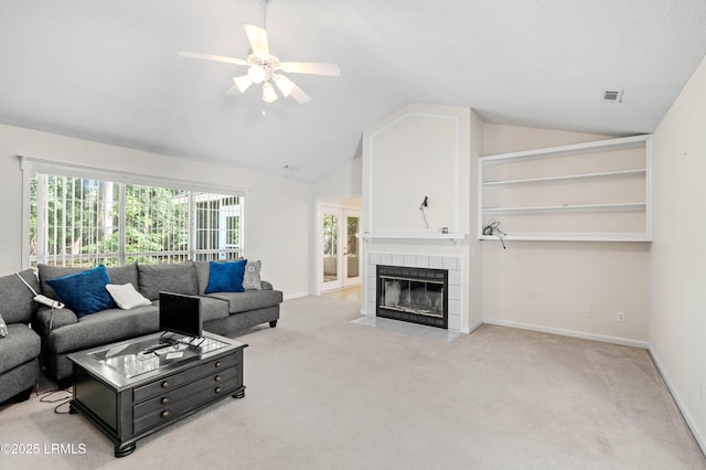 4 Moultrie Ct, Beaufort, SC 29907 - carpeted living area featuring vaulted ceiling, a ceiling fan, baseboards, and a fireplace