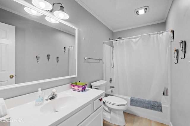 4 Moultrie Ct, Beaufort, SC 29907 - full bathroom featuring vanity, ornamental molding, toilet, wood finished floors, and shower / bath combo with shower curtain