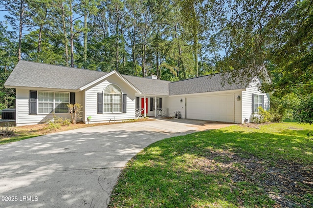 4 Moultrie Ct, Beaufort, SC 29907 - ranch-style house featuring an attached garage, concrete driveway, a front yard, a chimney, and roof with shingles