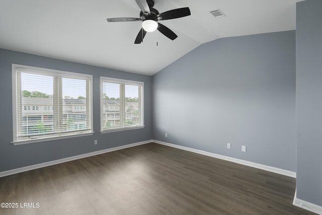 269 Ceasar Pl, Hilton Head Island, SC 29926 - unfurnished room with lofted ceiling, dark wood-type flooring, a ceiling fan, and baseboards