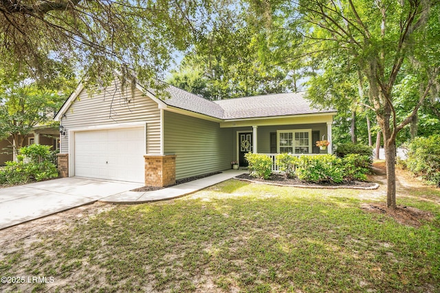 106 Winyah Way, Beaufort, SC 29906 - ranch-style house with a garage, driveway, a shingled roof, a porch, and a front yard