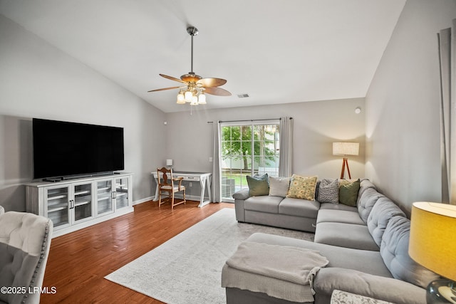 106 Winyah Way, Beaufort, SC 29906 - living room with vaulted ceiling, wood finished floors, a ceiling fan, and baseboards