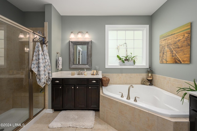 bathroom featuring vanity, separate shower and tub, and tile patterned flooring