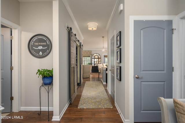 hall featuring crown molding, a barn door, and dark wood-type flooring