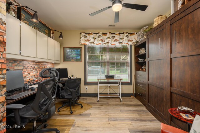 office space with ceiling fan and light hardwood / wood-style floors