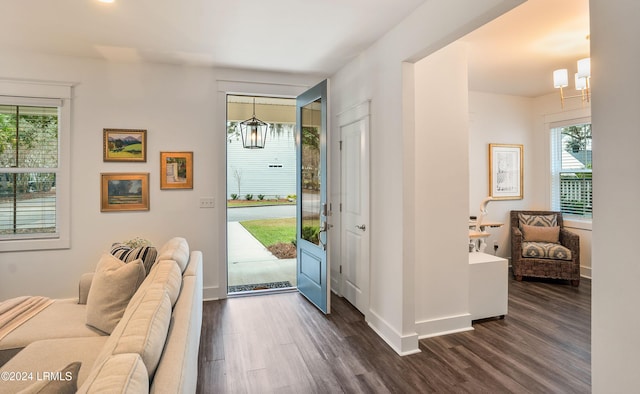 entrance foyer featuring an inviting chandelier and dark hardwood / wood-style flooring