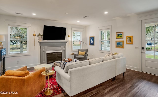 living room featuring dark wood-type flooring and a high end fireplace