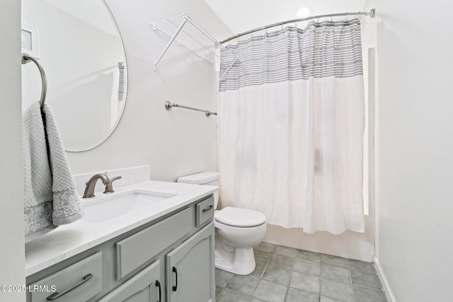 bathroom with shower / tub combo, tile patterned flooring, vanity, and toilet