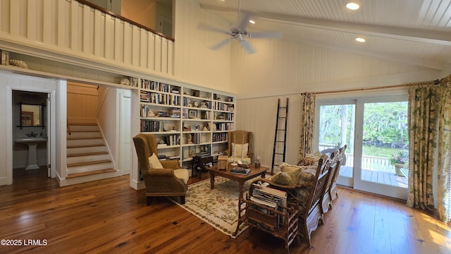 129 Sea Otter Ln, Fripp Island, SC 29920 - living area featuring hardwood / wood-style flooring, ceiling fan, stairs, high vaulted ceiling, and recessed lighting