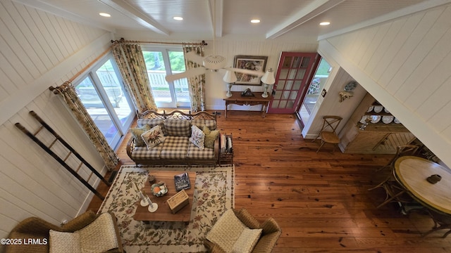 129 Sea Otter Ln, Fripp Island, SC 29920 - living area with hardwood / wood-style floors, beam ceiling, recessed lighting, and wooden walls