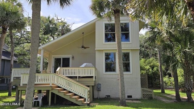 129 Sea Otter Ln, Fripp Island, SC 29920 - rear view of house with stairs, a wooden deck, crawl space, and ceiling fan