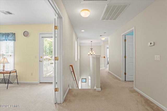 hallway with an inviting chandelier, a healthy amount of sunlight, and light carpet