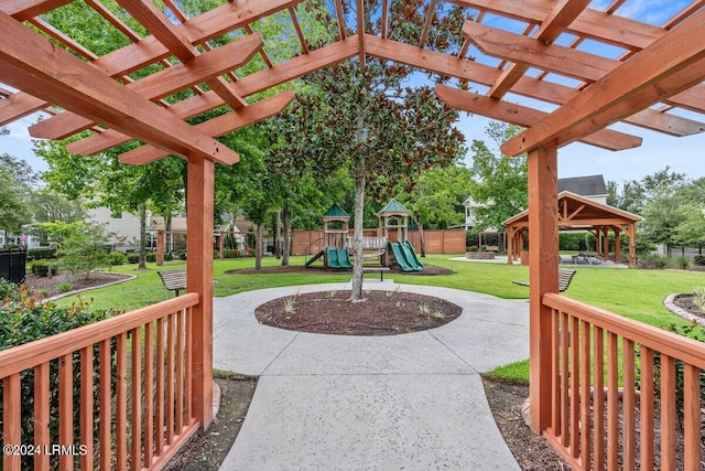 view of patio featuring a playground and a gazebo