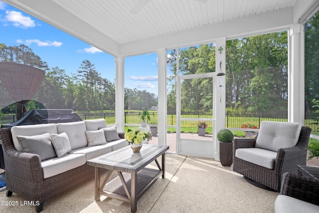 276 Monument St, Ridgeland, SC 29936 - sunroom with a ceiling fan, an outdoor hangout area, view of scattered trees, and plenty of natural light