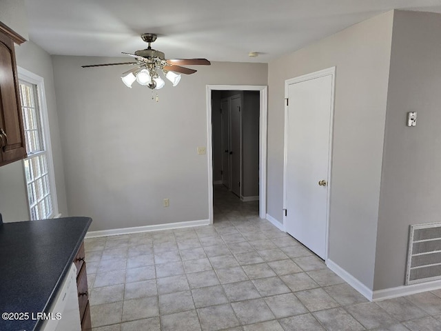 unfurnished dining area with ceiling fan