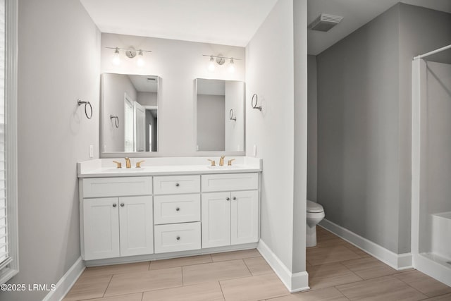 full bathroom with toilet, visible vents, a shower, and a sink