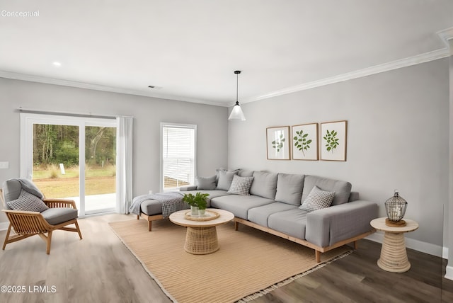 living room with ornamental molding, wood finished floors, and baseboards