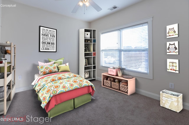 carpeted bedroom with ceiling fan and multiple windows