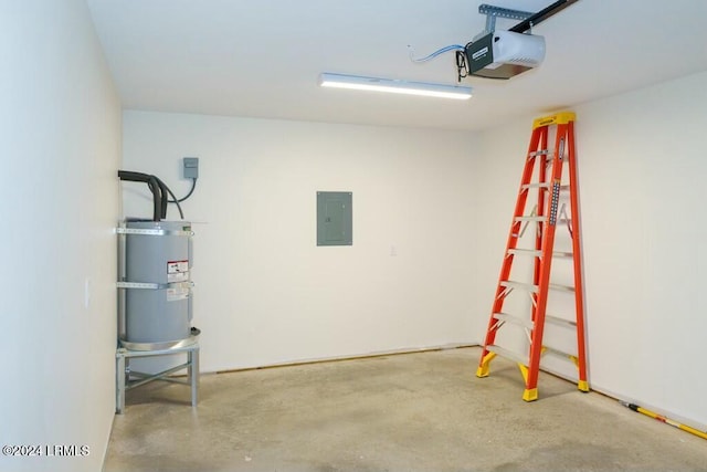 garage featuring a garage door opener, electric panel, and water heater