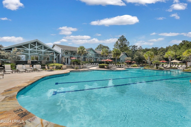 view of pool featuring a patio and glass enclosure