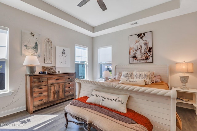 bedroom with hardwood / wood-style flooring, ceiling fan, and a tray ceiling