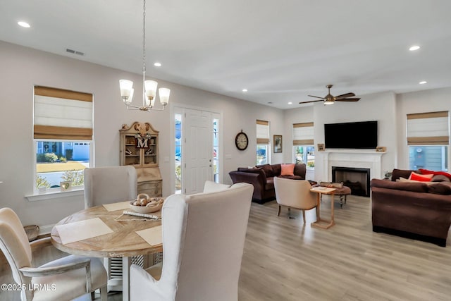 dining room featuring ceiling fan with notable chandelier and light hardwood / wood-style floors