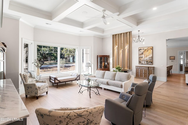 living room featuring coffered ceiling, beam ceiling, light hardwood / wood-style floors, and crown molding