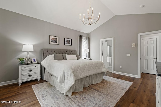 bedroom featuring vaulted ceiling, dark wood-style flooring, and baseboards