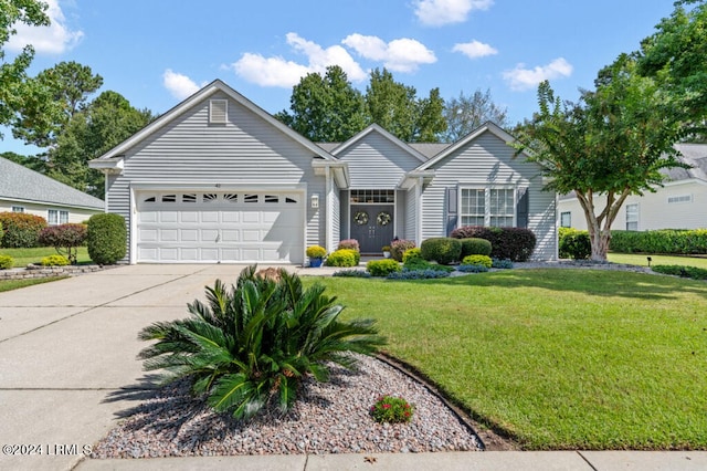 ranch-style house with concrete driveway, an attached garage, and a front yard