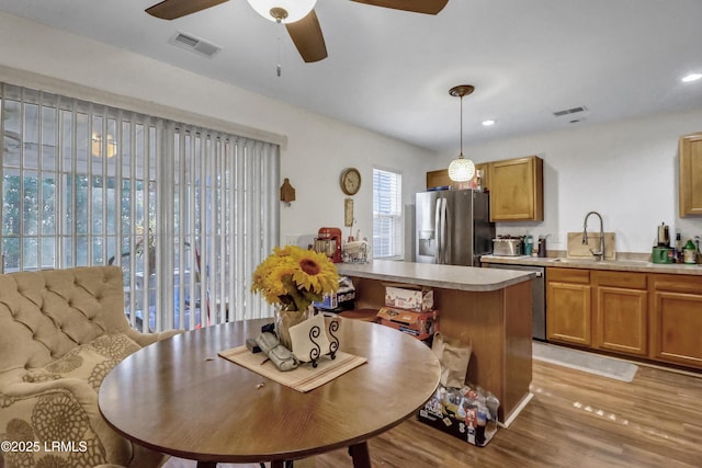 kitchen with appliances with stainless steel finishes, pendant lighting, sink, ceiling fan, and light hardwood / wood-style flooring