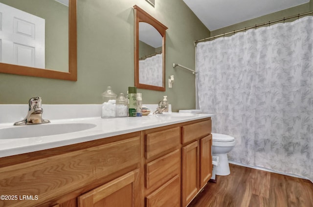 bathroom with vanity, hardwood / wood-style floors, and toilet