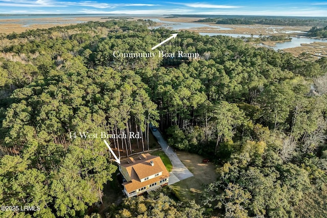 bird's eye view with a view of trees and a water view