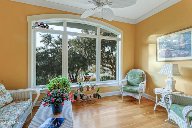 sunroom with a wealth of natural light and a ceiling fan