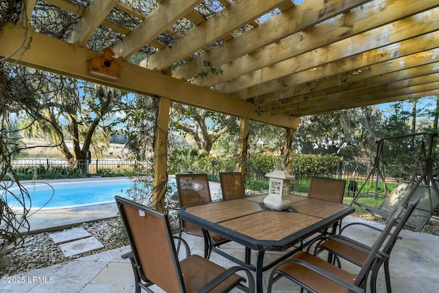 view of patio / terrace with outdoor dining area, fence, and a fenced in pool