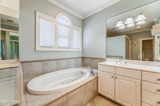 77 Tuscarora Ave, Beaufort, SC 29907 - bathroom featuring crown molding, vanity, a tub with jets, and an inviting chandelier
