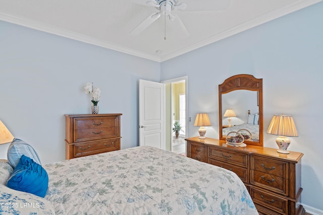 bedroom with ceiling fan and ornamental molding