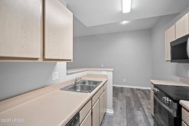 897 Fording Island Rd Unit 209, Bluffton, SC 29910 - kitchen featuring a sink, light brown cabinetry, electric stove, stainless steel microwave, and dark wood-type flooring