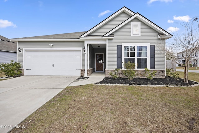 ranch-style house featuring a garage, driveway, brick siding, and a front yard