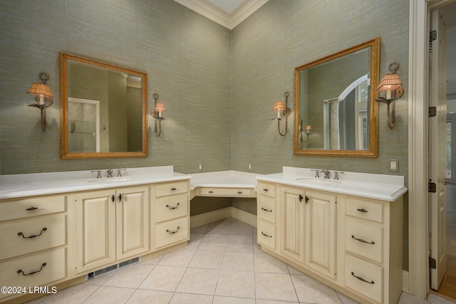 bathroom with tile patterned flooring, vanity, and crown molding