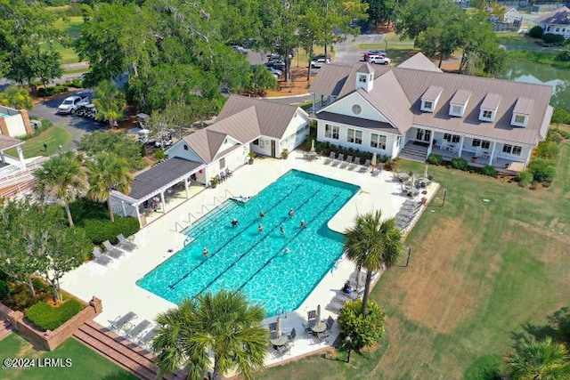 drone / aerial view with a water view