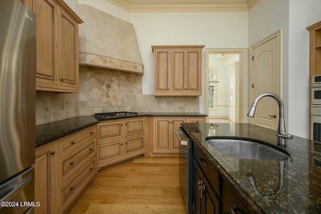 kitchen with light wood-type flooring, ornamental molding, custom exhaust hood, appliances with stainless steel finishes, and a sink