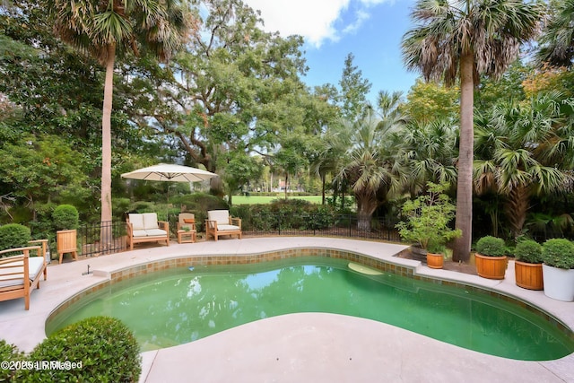 view of pool with fence, a fenced in pool, and a patio