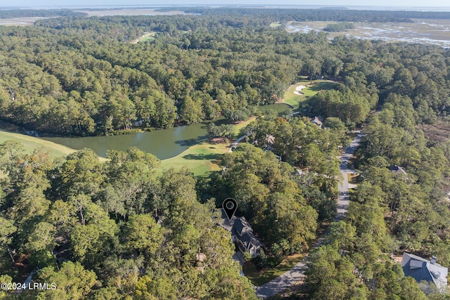 drone / aerial view with a water view