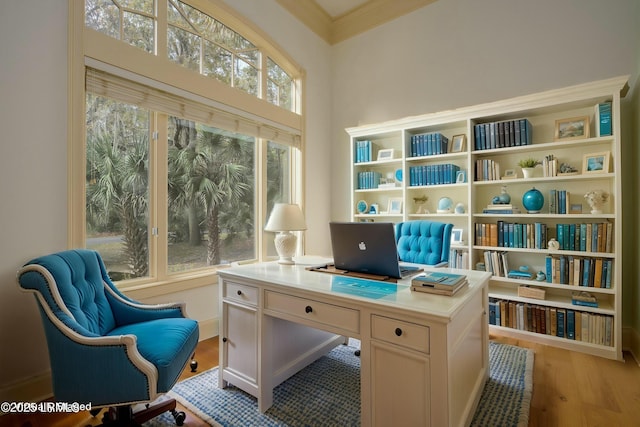 home office with ornamental molding and light wood-type flooring