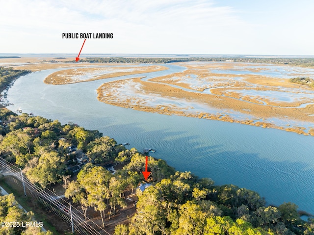 drone / aerial view featuring a water view