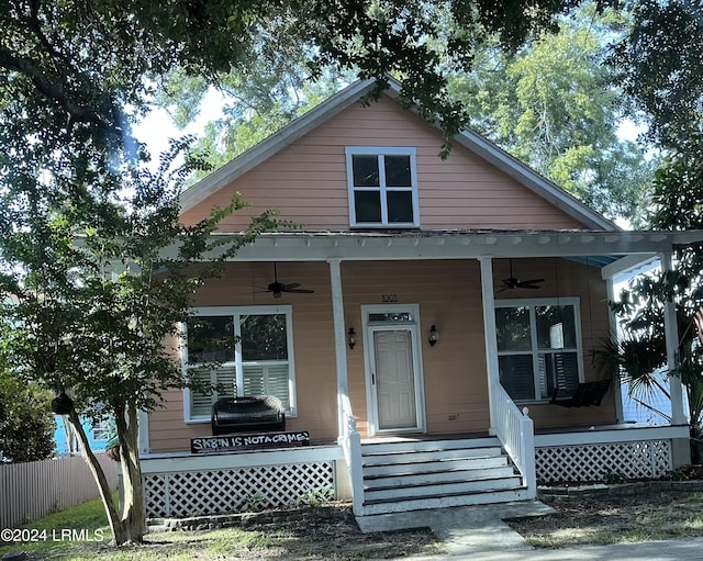 view of front of property with a porch and ceiling fan